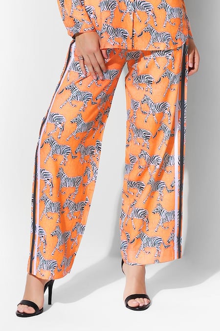 Shop_16stitches_Orange Egyptian Cotton Zebra Shirt Collar Vayu Pattern With Pant_Online_at_Aza_Fashions