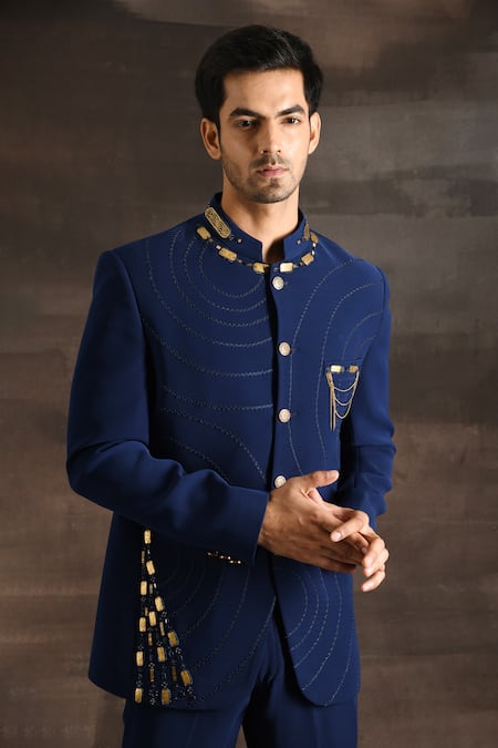 Soniya G_Blue Silk Metallic Thread, Chains Embellished Bandhgala Set _Online_at_Aza_Fashions