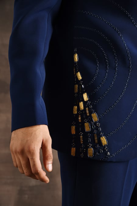 Buy_Soniya G_Blue Silk Metallic Thread, Chains Embellished Bandhgala Set _Online_at_Aza_Fashions