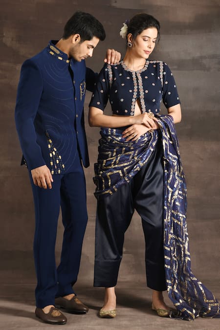 Shop_Soniya G_Blue Silk Metallic Thread, Chains Embellished Bandhgala Set _Online_at_Aza_Fashions