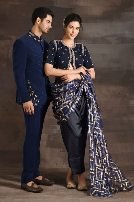 Soniya G_Blue Silk Metallic Thread, Chains Embellished Bandhgala Set _at_Aza_Fashions