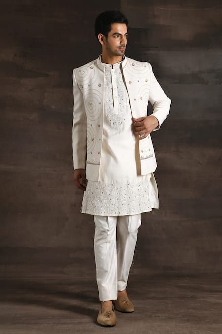 Soniya G White Italian Crepe Embroidered And Embellished Thread Zari & Bead Sherwani Set 