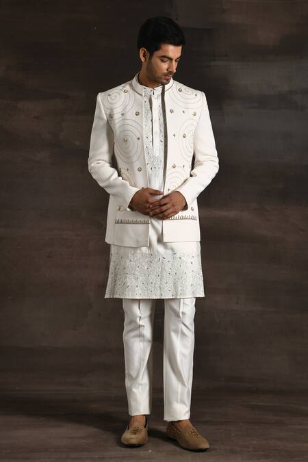 Soniya G_White Silk, Crepe Beads, Metallic Thread, Zari, Embroidery And Sherwani Set _Online_at_Aza_Fashions