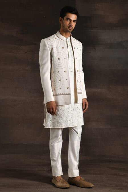 Buy_Soniya G_White Silk, Crepe Beads, Metallic Thread, Zari, Embroidery And Sherwani Set _Online_at_Aza_Fashions