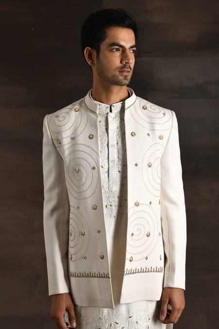 Shop_Soniya G_White Silk, Crepe Beads, Metallic Thread, Zari, Embroidery And Sherwani Set _Online_at_Aza_Fashions