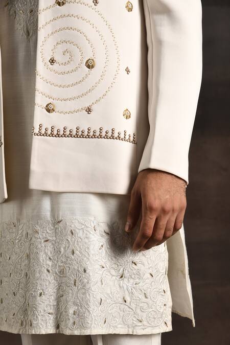 Soniya G_White Silk, Crepe Beads, Metallic Thread, Zari, Embroidery And Sherwani Set _at_Aza_Fashions