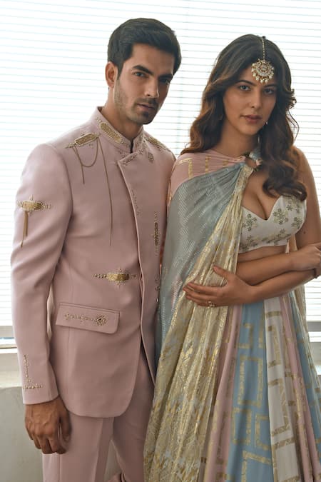 Soniya G_Pink Crepe Pearls, Zari And Bead Embroidered Bandhgala Set _Online_at_Aza_Fashions