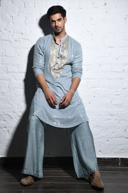 Soniya G Blue Handloom Cotton Sequins, Embroidery Yoke Kurta Set Online at Aza Fashions Soniya G_Blue Handloom Cotton Sequins, Embroidery Yoke Kurta Set _Online_at_Aza_Fashions