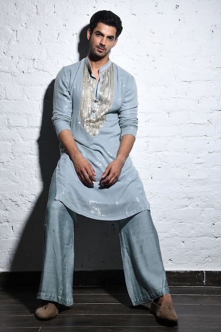 Buy Soniya G Blue Handloom Cotton Sequins, Embroidery Yoke Kurta Set Online at Aza Fashions Buy_Soniya G_Blue Handloom Cotton Sequins, Embroidery Yoke Kurta Set _Online_at_Aza_Fashions