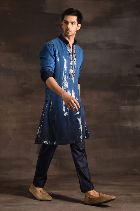 Soniya G_Blue Handloom Cotton, Silk Sequins, Embroidery Ombre Kurta Set _Online_at_Aza_Fashions