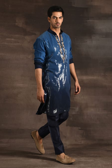 Buy_Soniya G_Blue Handloom Cotton, Silk Sequins, Embroidery Ombre Kurta Set _Online_at_Aza_Fashions
