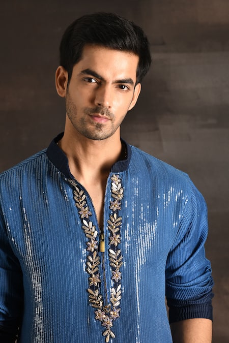 Soniya G_Blue Handloom Cotton, Silk Sequins, Embroidery Ombre Kurta Set _at_Aza_Fashions