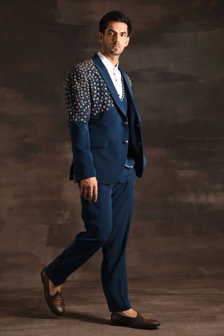 Soniya G_Blue Crepe Embroidery, Zari, Beads Floral Tuxedo Set _Online_at_Aza_Fashions