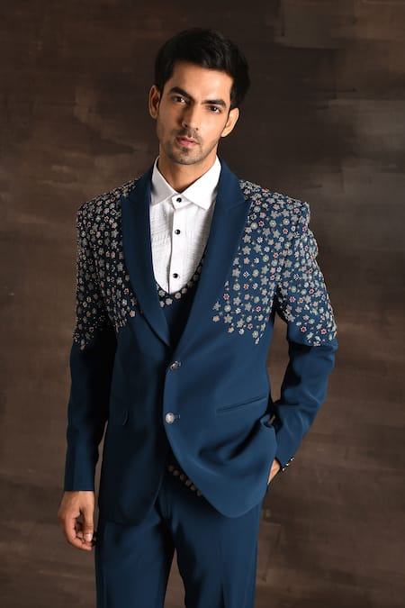 Buy_Soniya G_Blue Crepe Embroidery, Zari, Beads Floral Tuxedo Set _Online_at_Aza_Fashions
