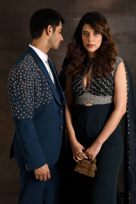 Shop_Soniya G_Blue Crepe Embroidery, Zari, Beads Floral Tuxedo Set _Online_at_Aza_Fashions