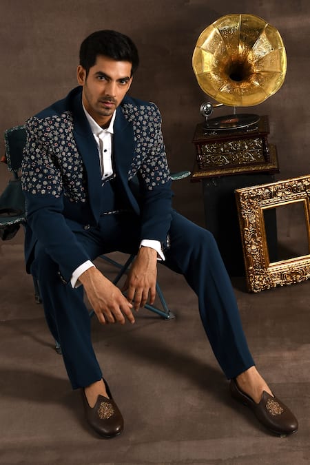 Soniya G_Blue Crepe Embroidery, Zari, Beads Floral Tuxedo Set _at_Aza_Fashions