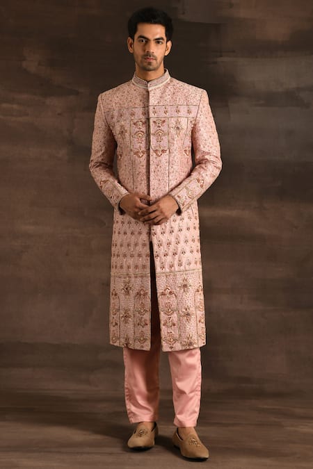 Soniya G Pink Raw Silk Embroidered And Embellished Thread Zari & Sherwani Set 