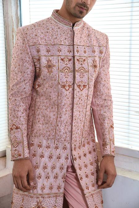 Soniya G_Pink Silk, Cotton Sequins, Cut Work Zari And Thread Embroidered Sherwani Set _Online_at_Aza_Fashions