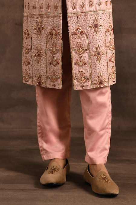 Buy_Soniya G_Pink Silk, Cotton Sequins, Cut Work Zari And Thread Embroidered Sherwani Set _Online_at_Aza_Fashions
