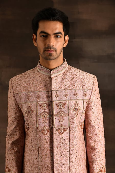 Soniya G_Pink Silk, Cotton Sequins, Cut Work Zari And Thread Embroidered Sherwani Set _at_Aza_Fashions
