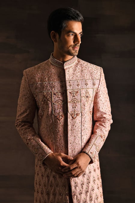 Buy_Soniya G_Pink Silk, Cotton Sequins, Cut Work Zari And Thread Embroidered Sherwani Set 
