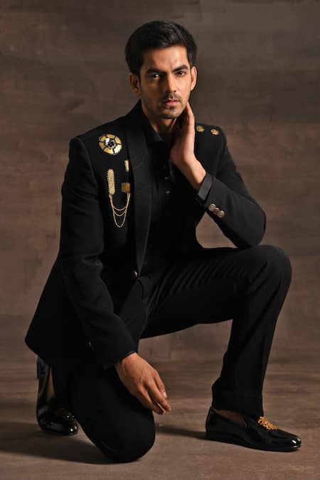 Shop_Soniya G_Black Silk Embroidery, Metallic Thread Trim Tuxedo Set _Online_at_Aza_Fashions