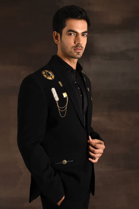 Soniya G_Black Silk Embroidery, Metallic Thread Trim Tuxedo Set _at_Aza_Fashions