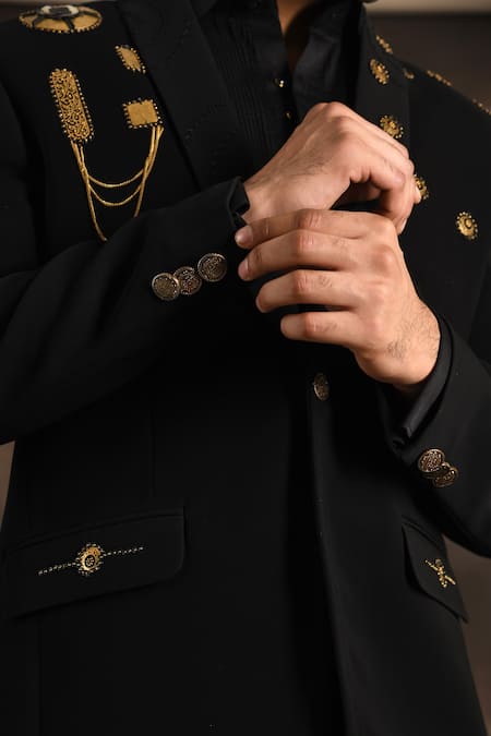 Buy_Soniya G_Black Silk Embroidery, Metallic Thread Trim Tuxedo Set 