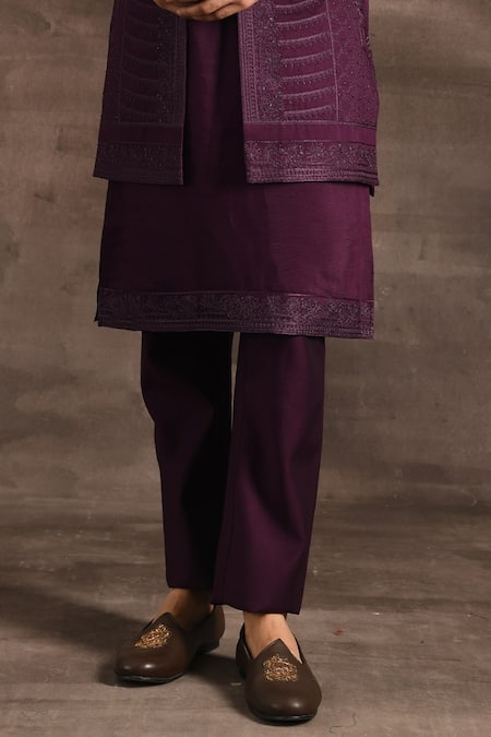 Soniya G_Wine Handloom Cotton, Silk Beads, Zari, Embroidery Jacket Kurta Set_Online_at_Aza_Fashions
