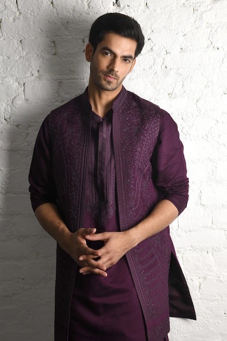 Buy_Soniya G_Wine Handloom Cotton, Silk Beads, Zari, Embroidery Jacket Kurta Set_Online_at_Aza_Fashions