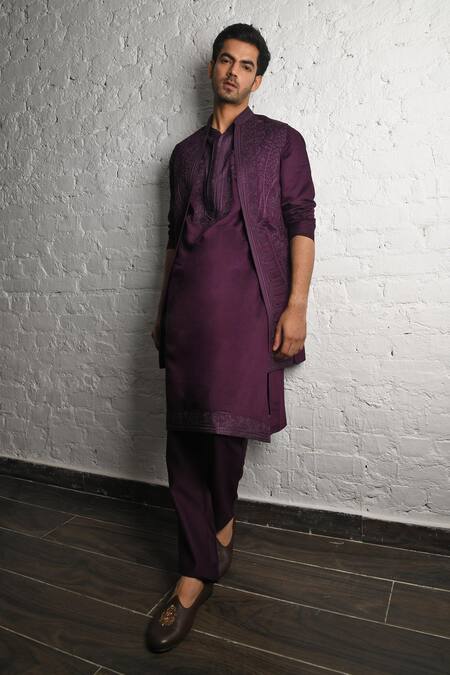 Shop_Soniya G_Wine Handloom Cotton, Silk Beads, Zari, Embroidery Jacket Kurta Set_Online_at_Aza_Fashions