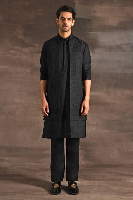 Soniya G_Black Handloom Cotton, Silk Zari, Beads, Embroidery Jacket Kurta Set For Kids_Online_at_Aza_Fashions