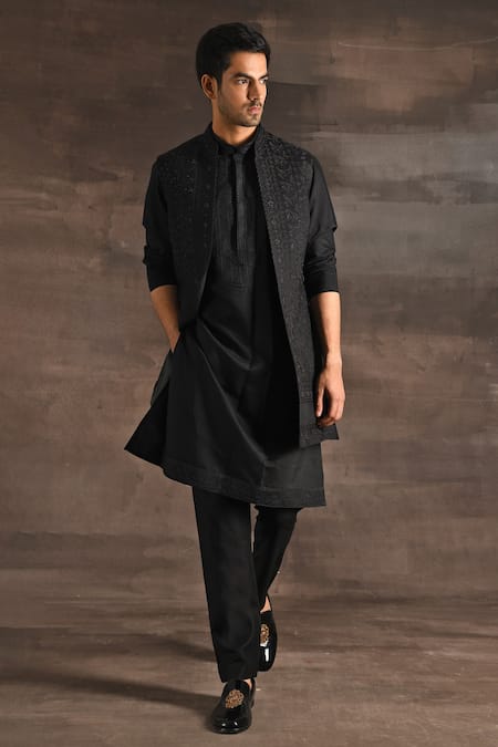 Shop_Soniya G_Black Handloom Cotton, Silk Zari, Beads, Embroidery Jacket Kurta Set For Kids_Online_at_Aza_Fashions
