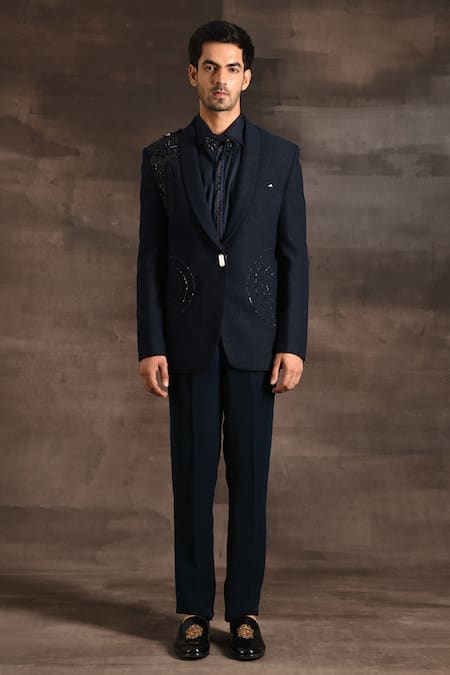 Soniya G_Blue Silk Zari, Beads Shimmer Embroidered Tuxedo Set _Online_at_Aza_Fashions