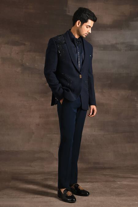 Shop_Soniya G_Blue Silk Zari, Beads Shimmer Embroidered Tuxedo Set _Online_at_Aza_Fashions