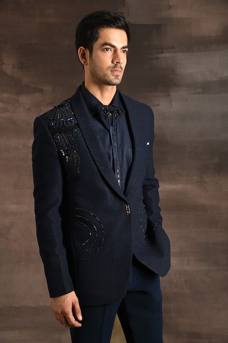 Soniya G_Blue Silk Zari, Beads Shimmer Embroidered Tuxedo Set _at_Aza_Fashions