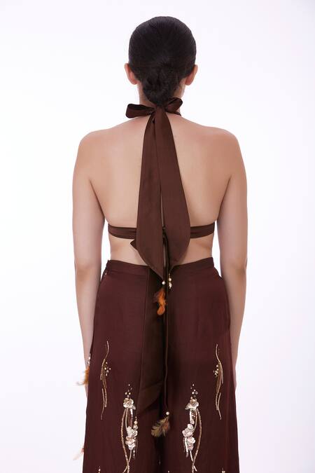 Shop Dilnaz Brown Net, Polyester Halter Neck Sequin Applique Embellished Bikini at Aza Fashions Shop_Dilnaz_Brown Net, Polyester Halter Neck Sequin Applique Embellished Bikini_at_Aza_Fashions