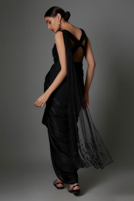 Shop Divya Kanakia Black Satin Sequins, Beads V-neck Draped Embroidered Dress at Aza Fashions Shop_Divya Kanakia_Black Satin Sequins, Beads V-neck Draped Embroidered Dress _at_Aza_Fashions