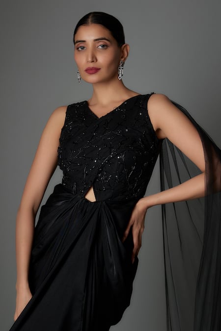 Divya Kanakia Black Satin Sequins, Beads V-neck Draped Embroidered Dress Online at Aza Fashions Divya Kanakia_Black Satin Sequins, Beads V-neck Draped Embroidered Dress _Online_at_Aza_Fashions