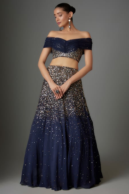 Divya Kanakia Blue Georgette Embroidered Sequins Off Shoulder Lehenga With Blouse