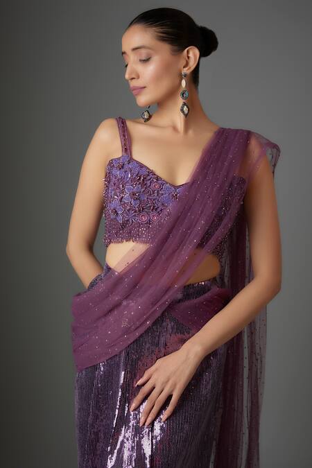 Divya Kanakia Purple Net Sequins, Crystals Embellished Pre-stitched Saree With Blouse Online at Aza Fashions Divya Kanakia_Purple Net Sequins, Crystals Embellished Pre-stitched Saree With Blouse_Online_at_Aza_Fashions