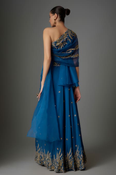Divya Kanakia Blue Satin, Organza Pearls, Beads Floral Sequin Embroidered Lehenga With Blouse Online at Aza Fashions Divya Kanakia_Blue Satin, Organza Pearls, Beads Floral Sequin Embroidered Lehenga With Blouse _Online_at_Aza_Fashions