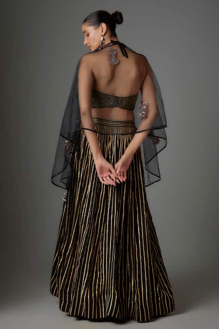 Shop Divya Kanakia Black Georgette, Net Embroidery, Gota Patti Stripe Embellished Lehenga Cape Set at Aza Fashions Shop_Divya Kanakia_Black Georgette, Net Embroidery, Gota Patti Stripe Embellished Lehenga Cape Set _at_Aza_Fashions