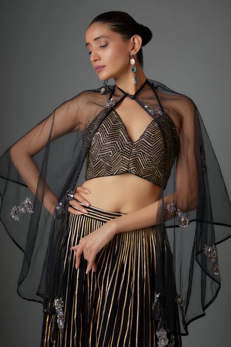 Buy Divya Kanakia Black Georgette, Net Embroidery, Gota Patti Stripe Embellished Lehenga Cape Set Online at Aza Fashions Buy_Divya Kanakia_Black Georgette, Net Embroidery, Gota Patti Stripe Embellished Lehenga Cape Set _Online_at_Aza_Fashions