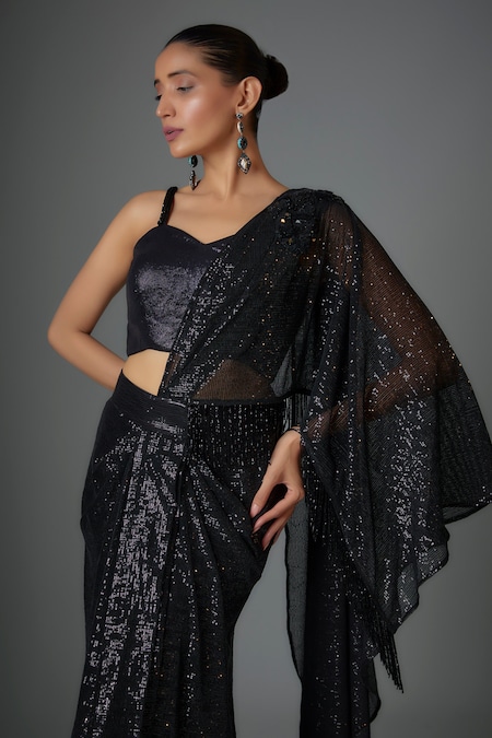 Black Partywear Sequin Saree Satin Blouse SF778BOL – ShreeFashionWear