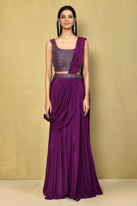 Samyukta Singhania_Purple Silk, Crepe Pearls, Cut Work Square Palazzo Saree With Embroidered Blouse_Online_at_Aza_Fashions