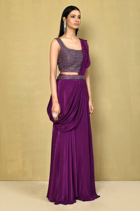 Shop_Samyukta Singhania_Purple Silk, Crepe Pearls, Cut Work Square Palazzo Saree With Embroidered Blouse_Online_at_Aza_Fashions
