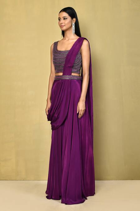 Samyukta Singhania_Purple Silk, Crepe Pearls, Cut Work Square Palazzo Saree With Embroidered Blouse_at_Aza_Fashions