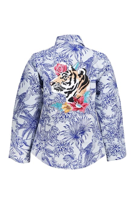 Shop_Stella Rossa By Les Petits_Blue Jacquard Embroidery Flora And Fauna Pattern Jacket _at_Aza_Fashions