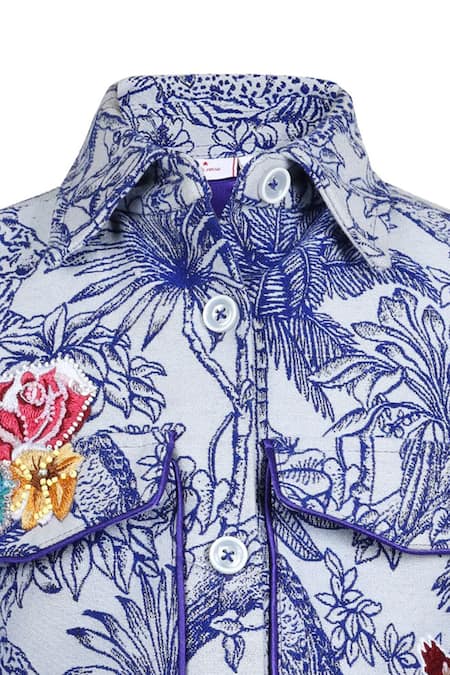 Stella Rossa By Les Petits_Blue Jacquard Embroidery Flora And Fauna Pattern Jacket _Online_at_Aza_Fashions